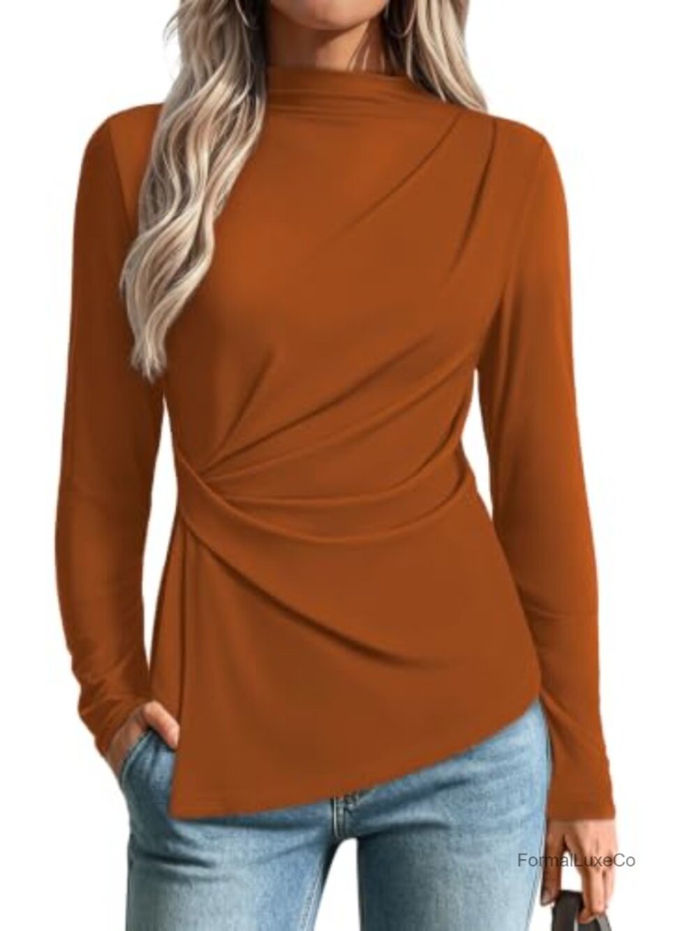 Mock Neck Peplum Top Long Sleeve Ruched Waist Business Casual Womens